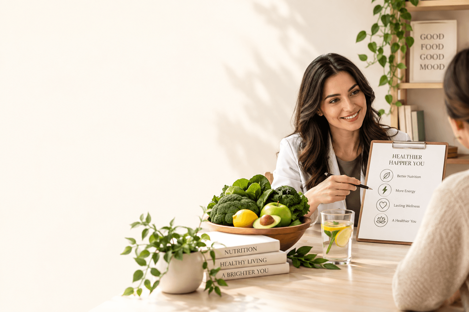 Modern wellness lifestyle scene with fresh foods, natural greenery, and a healthy living theme