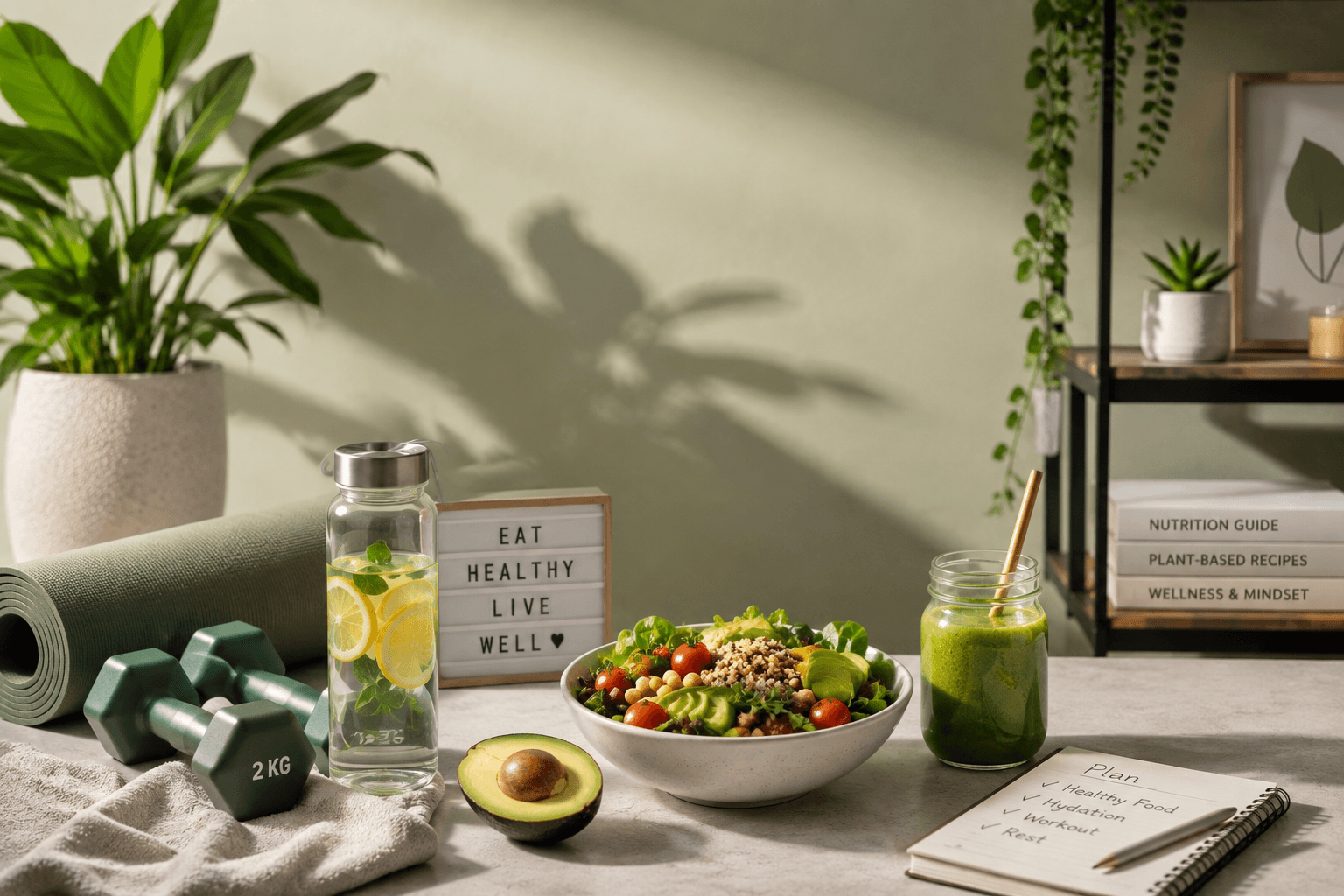 Modern wellness space with healthy food, green smoothie, yoga mat, dumbbells, lemon water, and plants