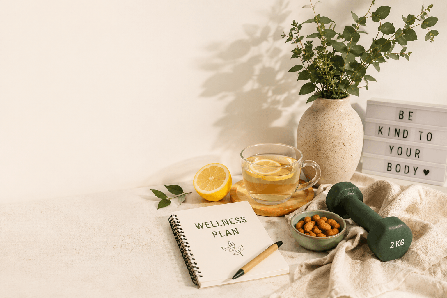 Wellness lifestyle scene with lemon tea, fresh greenery, almonds, dumbbells, and a wellness planning notebook