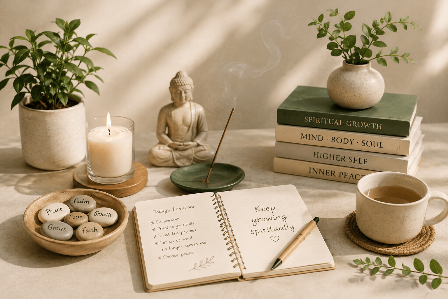 Calm spiritual wellness scene with meditation, candle, plants, journal, tea, and mindfulness books